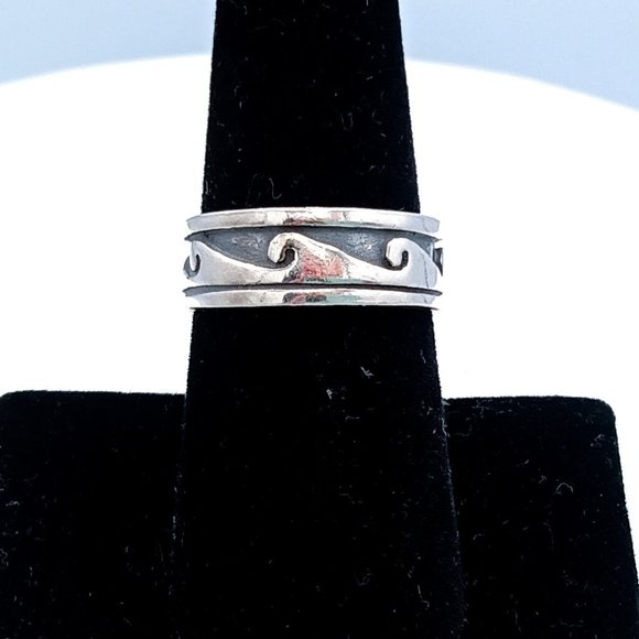 Vintage Sterling Silver Wave Scroll Oxidized Band Ring - Picture 6 of 15